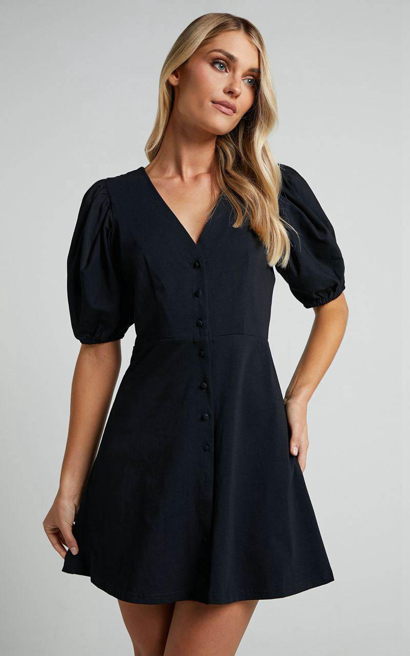 Showpo Rochelle Mini Dress - V Neck Button Through Dress Black | AWRQOC726