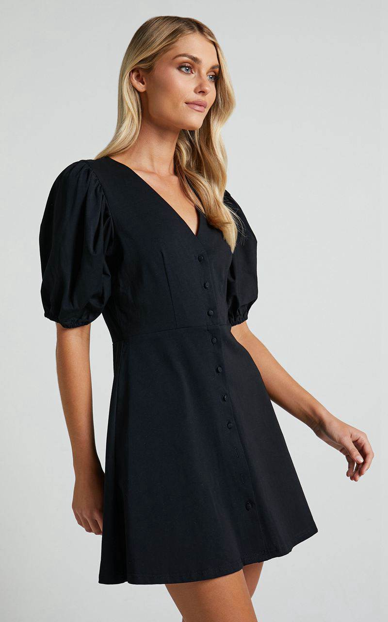 Showpo Rochelle Mini Dress - V Neck Button Through Dress Black | AWRQOC726