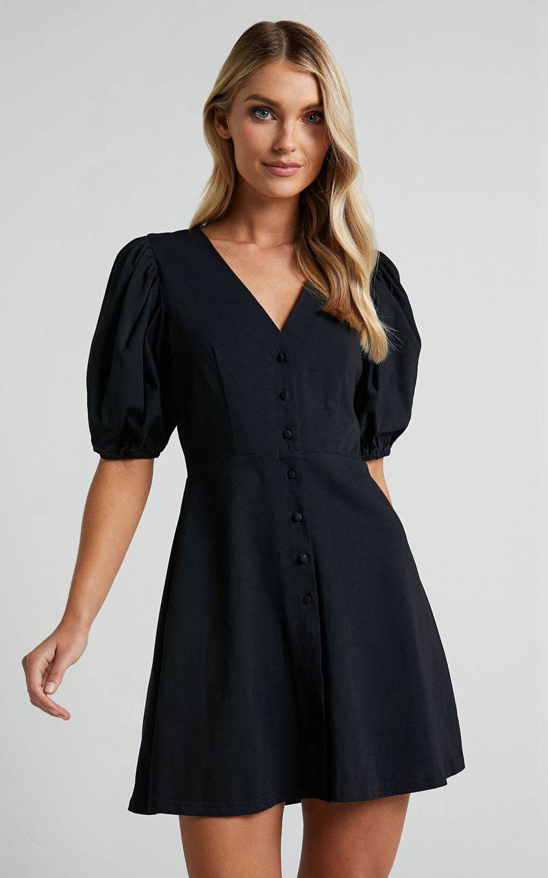 Showpo Rochelle Mini Dress - V Neck Button Through Dress Black | AWRQOC726