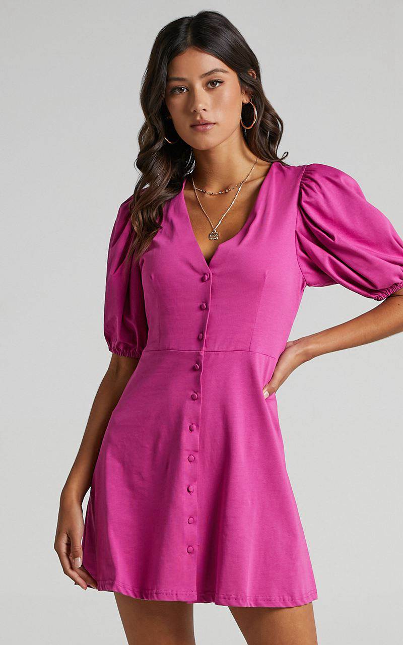 Showpo Rochelle Mini Dress - V Neck Button Through Dress Purple | KXGWMZ431