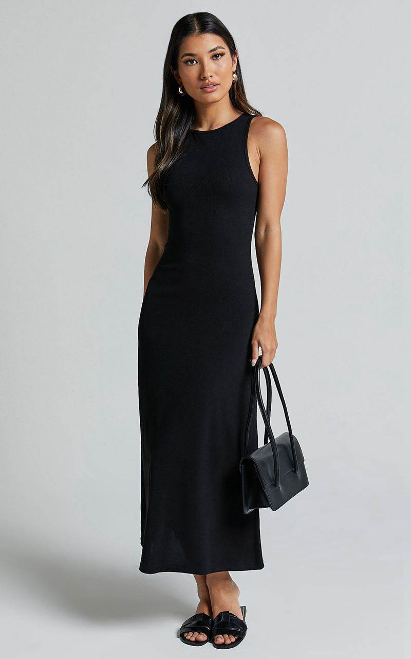 Showpo Rodolphe Midi Dress - Crew Neck Ribbed Sleeveless Black | ORHMDB918