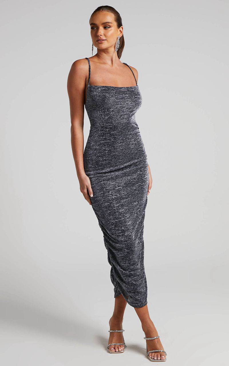 Showpo Roma Midi Dress - Ruched Cowl Neck Dress Silver | AJLENP261