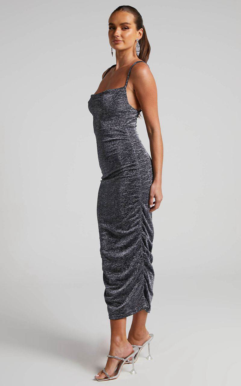 Showpo Roma Midi Dress - Ruched Cowl Neck Dress Silver | AJLENP261