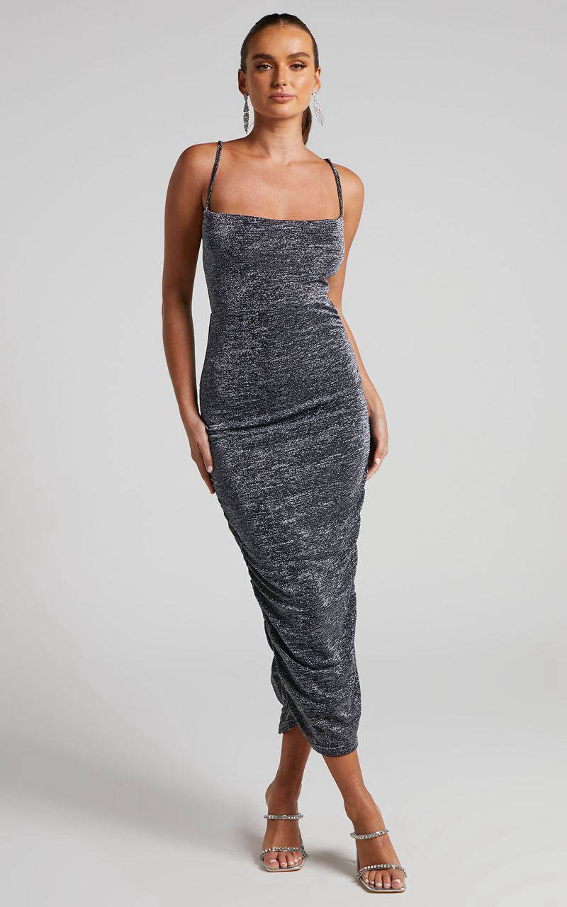 Showpo Roma Midi Dress - Ruched Cowl Neck Dress Silver | AJLENP261