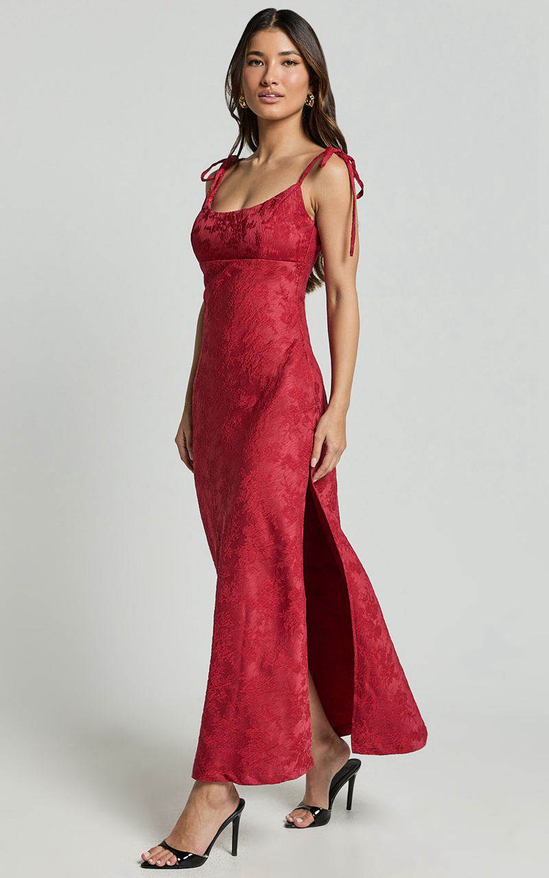 Showpo Romarie Maxi Dress - Tie Shoulder Backless Jacquard Dress Red | BZSYFC750