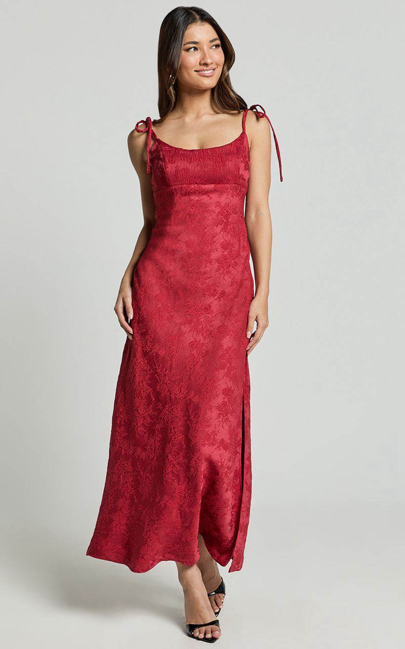 Showpo Romarie Maxi Dress - Tie Shoulder Backless Jacquard Dress Red | BZSYFC750