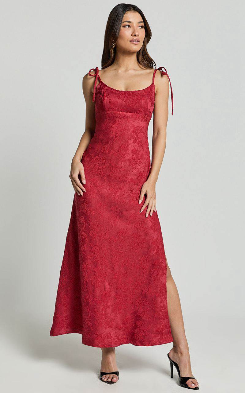 Showpo Romarie Maxi Dress - Tie Shoulder Backless Jacquard Dress Red | BZSYFC750