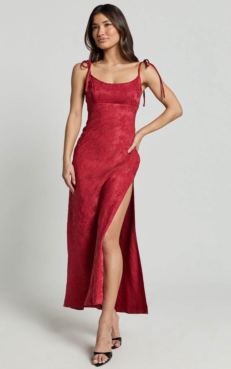 Showpo Romarie Maxi Dress - Tie Shoulder Backless Jacquard Dress Red | BZSYFC750