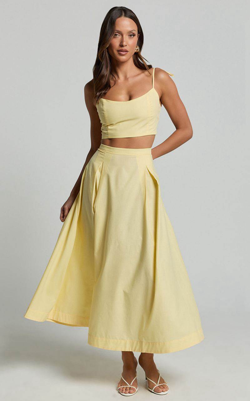 Showpo Rosalee Two Piece Set - Strappy Crop Top And High Waisted A Line Midi Skirt Set Yellow | MLKASX041