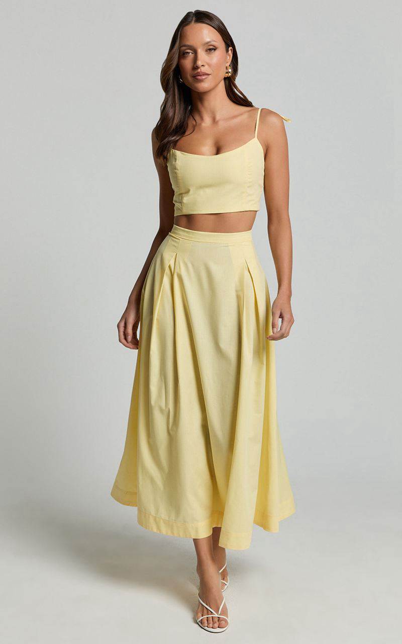 Showpo Rosalee Two Piece Set - Strappy Crop Top And High Waisted A Line Midi Skirt Set Yellow | MLKASX041