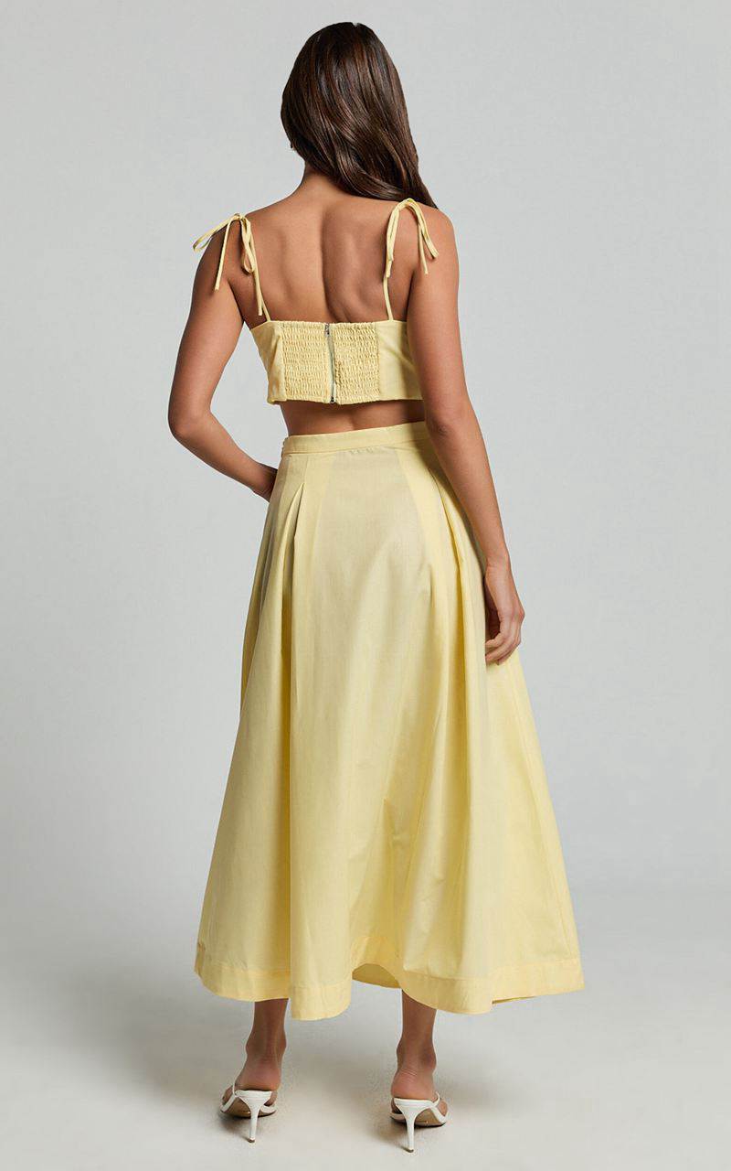 Showpo Rosalee Two Piece Set - Strappy Crop Top And High Waisted A Line Midi Skirt Set Yellow | MLKASX041