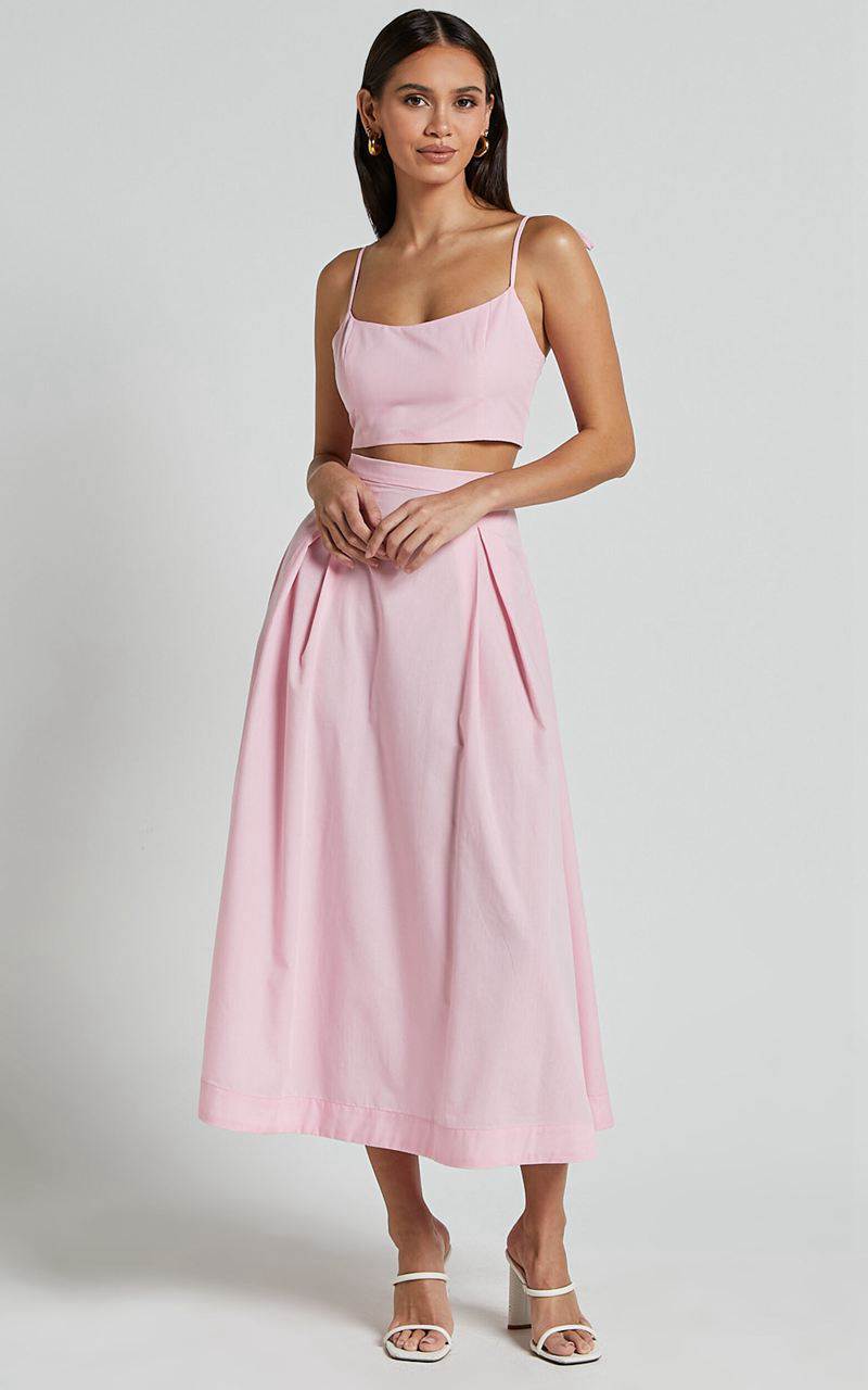 Showpo Rosalee Two Piece Set - Strappy Crop Top And High Waisted A Line Midi Skirt Set Pink | BWIZGR438