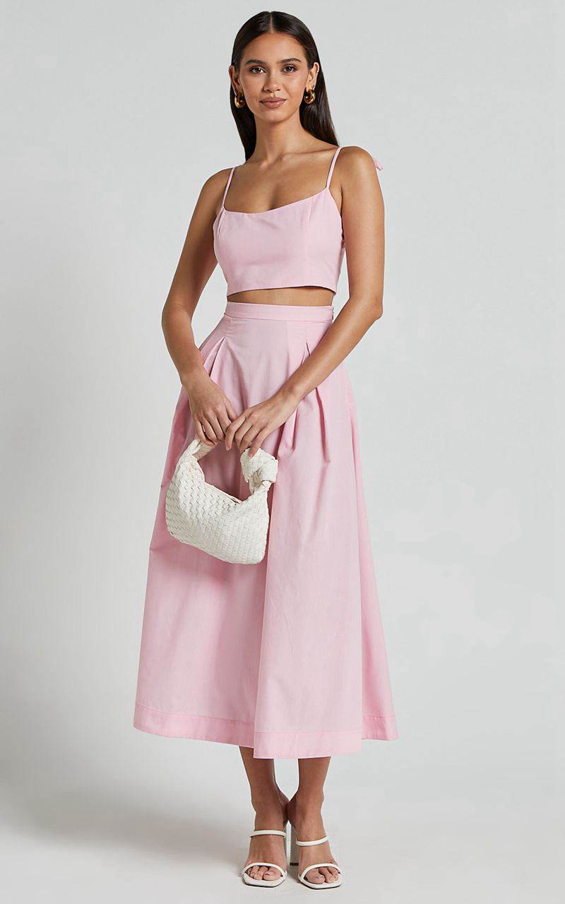 Showpo Rosalee Two Piece Set - Strappy Crop Top And High Waisted A Line Midi Skirt Set Pink | BWIZGR438