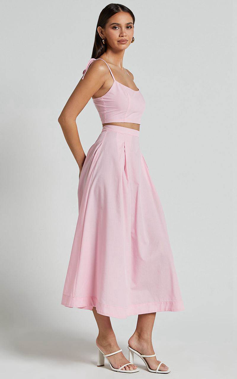 Showpo Rosalee Two Piece Set - Strappy Crop Top And High Waisted A Line Midi Skirt Set Pink | BWIZGR438