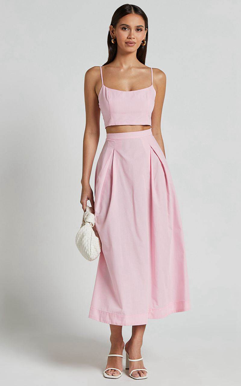 Showpo Rosalee Two Piece Set - Strappy Crop Top And High Waisted A Line Midi Skirt Set Pink | BWIZGR438