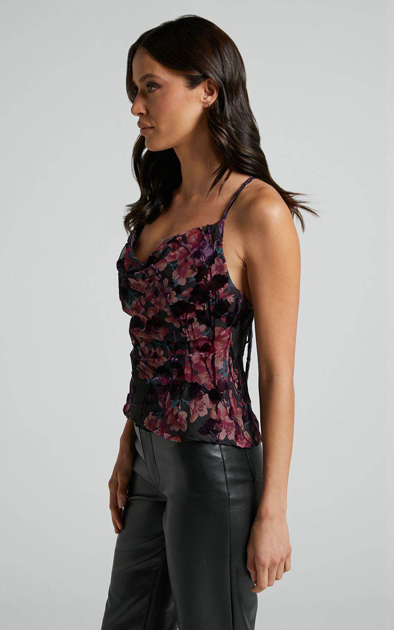 Showpo Rosalie Top - Cowl Neck Cami Top Burn Out Floral | OIATLR871