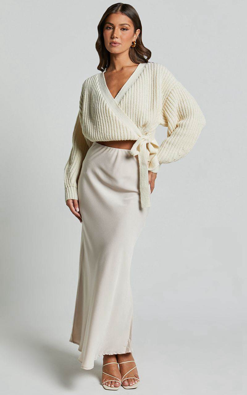 Showpo Rosanna Jumper - Recycled Knitted V Neck Wrap Cardigan Ivory | KHERSP358