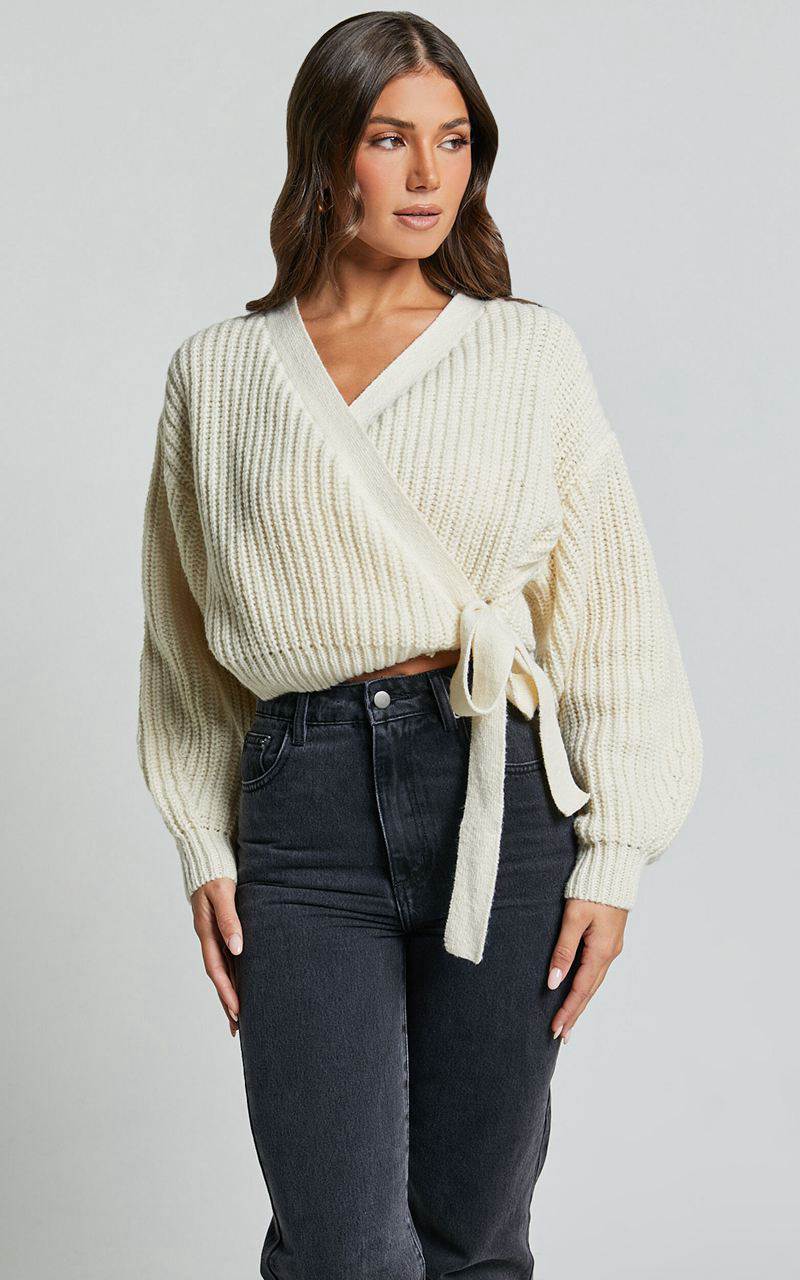 Showpo Rosanna Jumper - Recycled Knitted V Neck Wrap Cardigan Ivory | KHERSP358