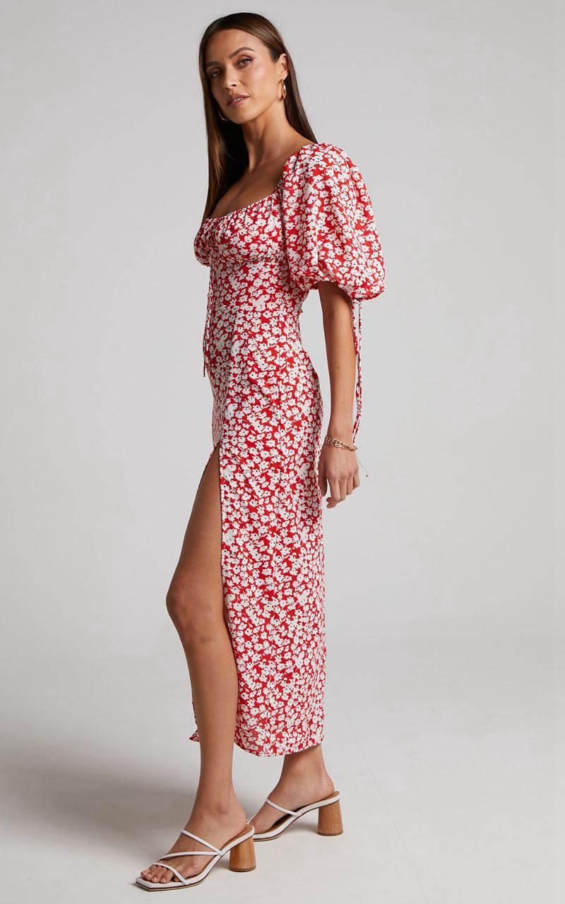 Showpo Rosario Midi Dress - Ruched Bust Puff Sleeve Dress Red Ditsy Floral | SIKWCU290