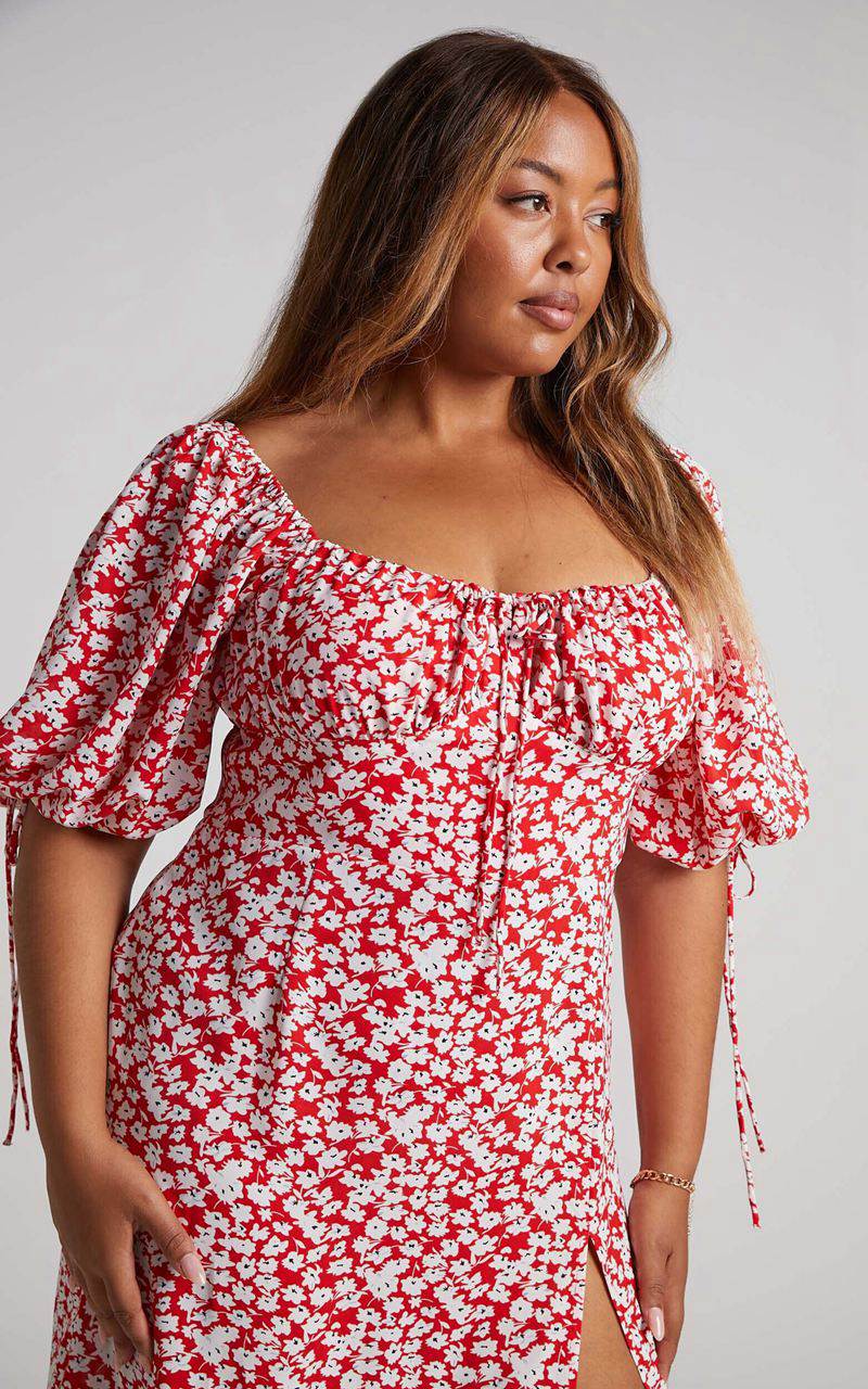 Showpo Rosario Midi Dress - Ruched Bust Puff Sleeve Dress Red Ditsy Floral | SIKWCU290