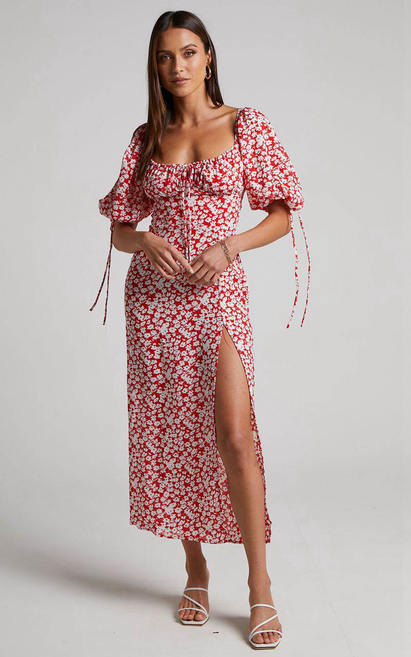 Showpo Rosario Midi Dress - Ruched Bust Puff Sleeve Dress Red Ditsy Floral | SIKWCU290