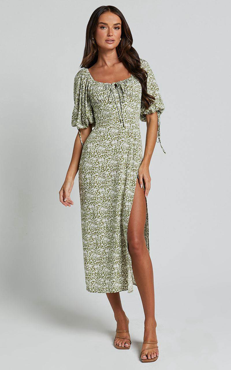 Showpo Rosario Midi Dress - Ruched Bust Puff Sleeve Dress Olive Floral | BEUHVX621