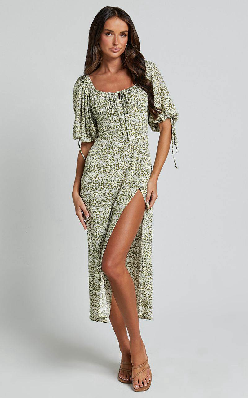 Showpo Rosario Midi Dress - Ruched Bust Puff Sleeve Dress Olive Floral | BEUHVX621