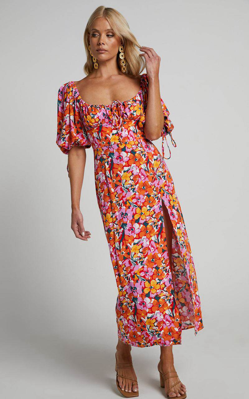 Showpo Rosario Midi Dress - Ruched Bust Puff Sleeve Dress Spring Floral | NREICJ109