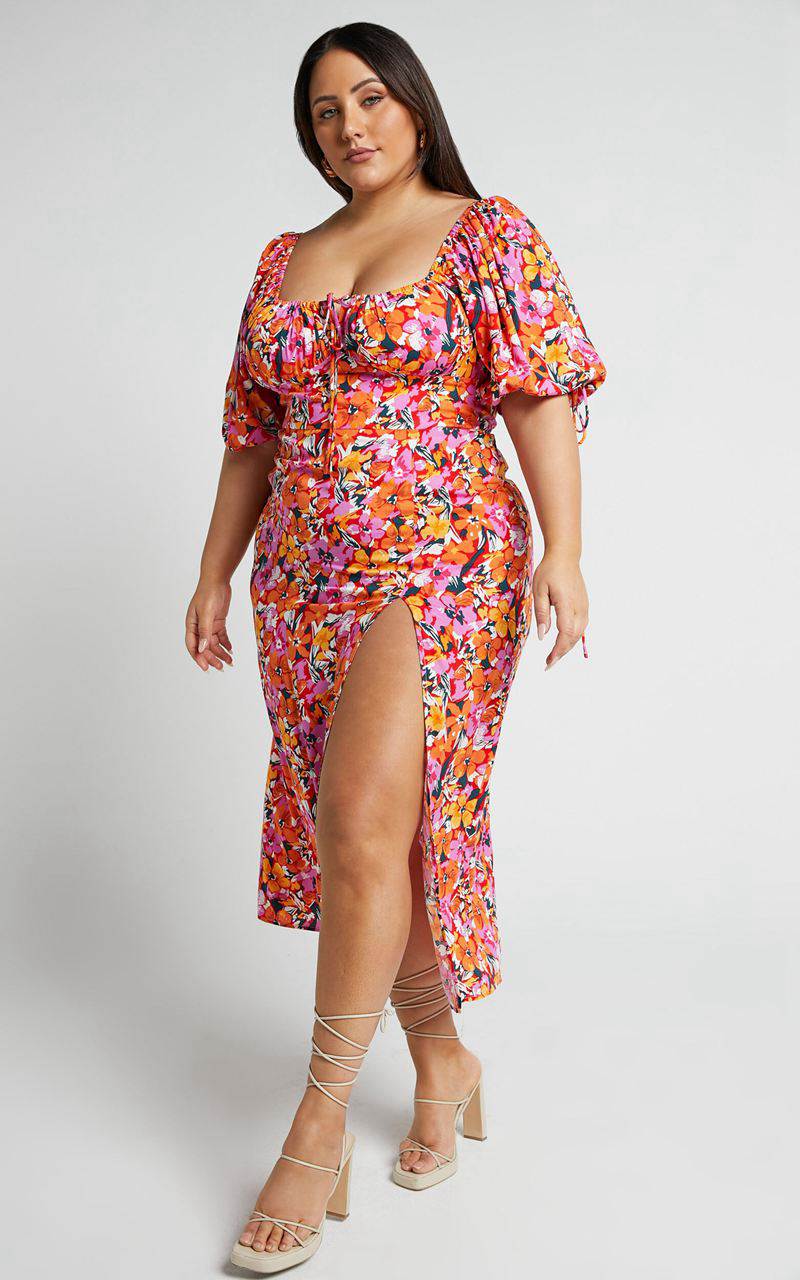 Showpo Rosario Midi Dress - Ruched Bust Puff Sleeve Dress Spring Floral | NREICJ109