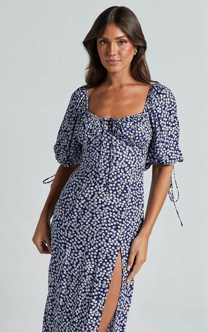 Showpo Rosario Midi Dress - Ruched Bust Puff Sleeve Dress Blue Floral | EIFBAX349