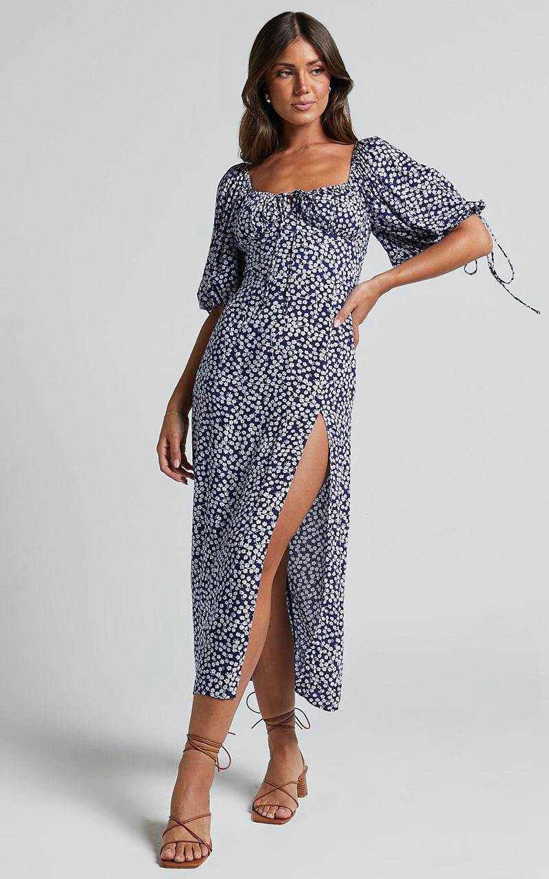 Showpo Rosario Midi Dress - Ruched Bust Puff Sleeve Dress Blue Floral | EIFBAX349