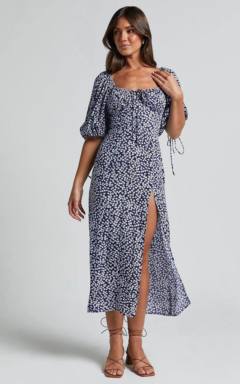 Showpo Rosario Midi Dress - Ruched Bust Puff Sleeve Dress Blue Floral | EIFBAX349