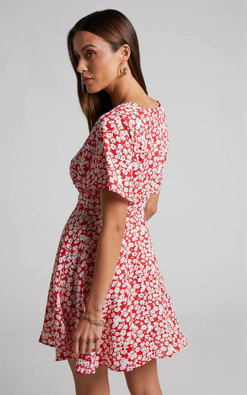 Showpo Rosario Mini Dress - Flutter Sleeve V Neck Dress Red Ditsy Floral | TWUNZY325