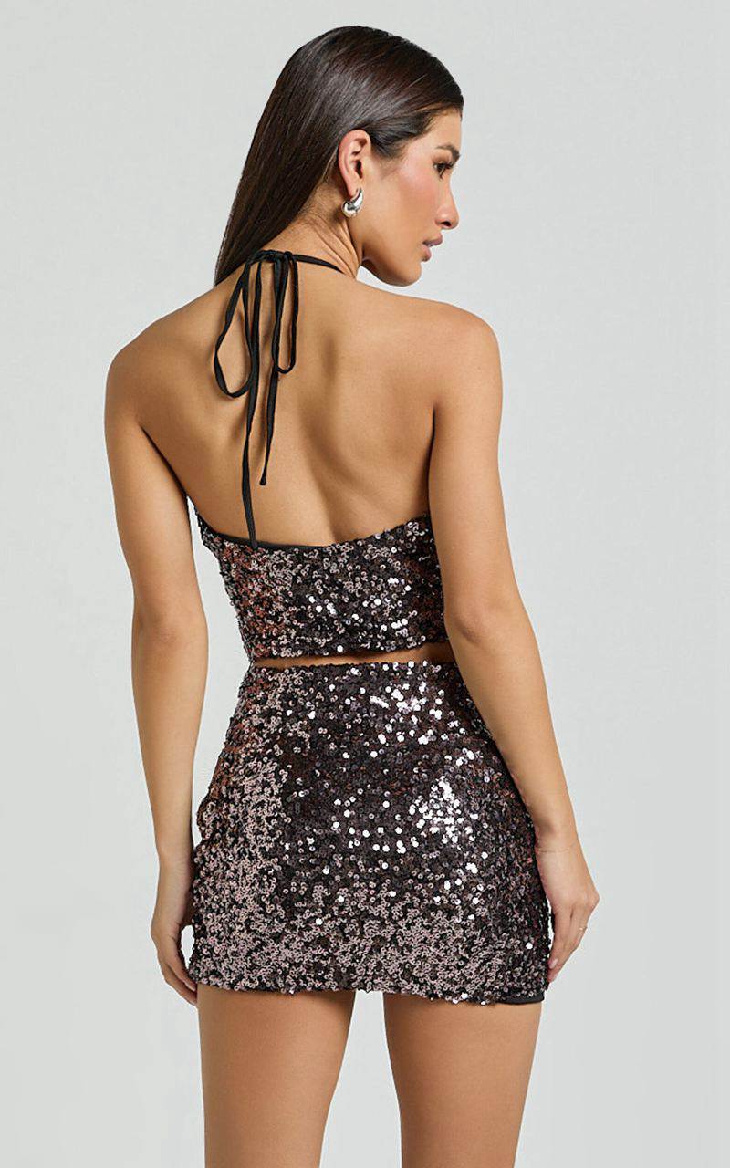 Showpo Roselle Two Piece Set - Halter Crop Top And Mini Skirt Sequin Set Chocolate | EBUYZV971