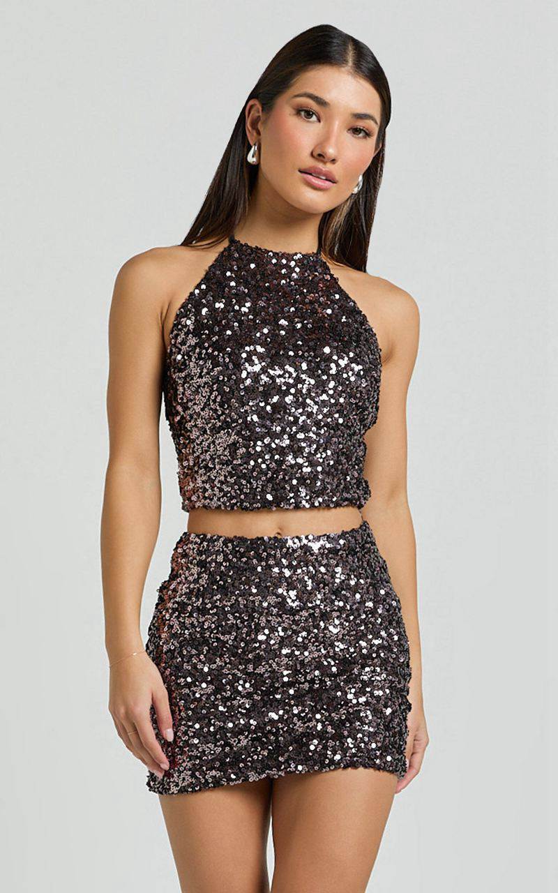 Showpo Roselle Two Piece Set - Halter Crop Top And Mini Skirt Sequin Set Chocolate | EBUYZV971