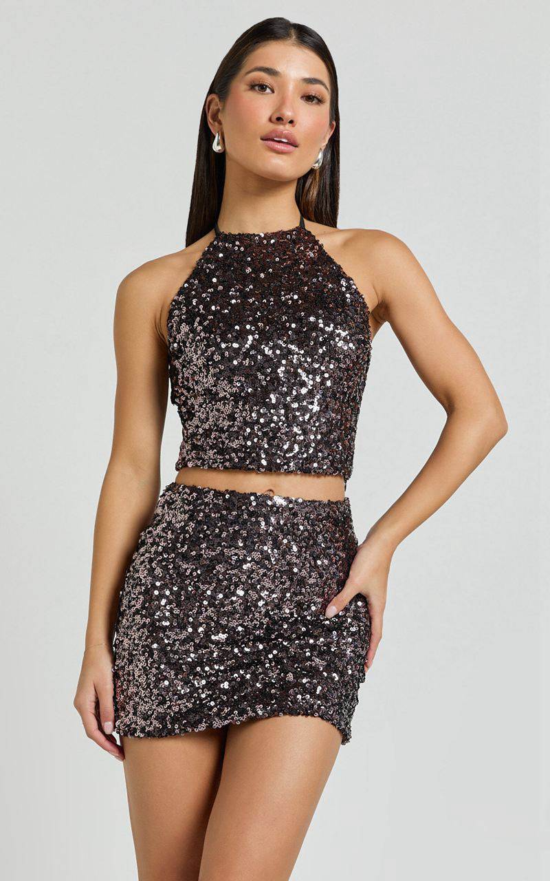 Showpo Roselle Two Piece Set - Halter Crop Top And Mini Skirt Sequin Set Chocolate | EBUYZV971