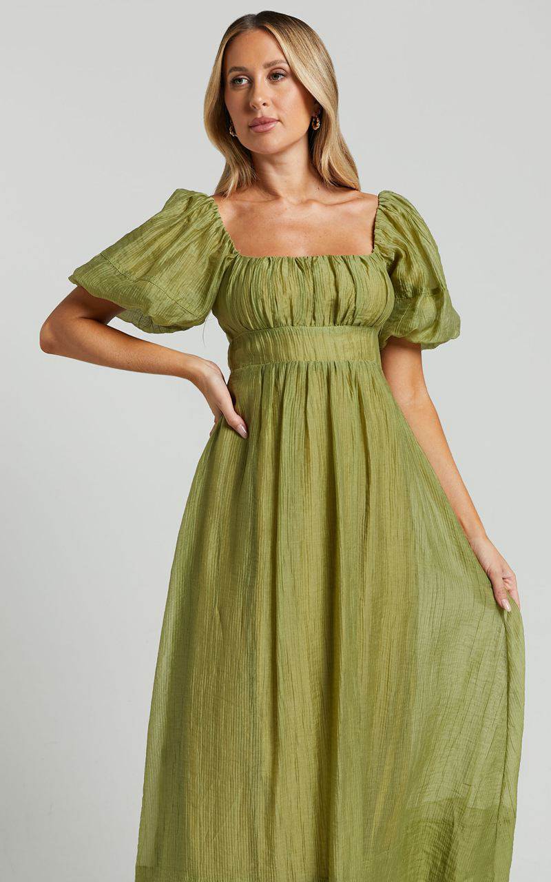 Showpo Roshina Midi Dress - Straight Neck Puff Sleeve Dress Olive | JTVMLD674