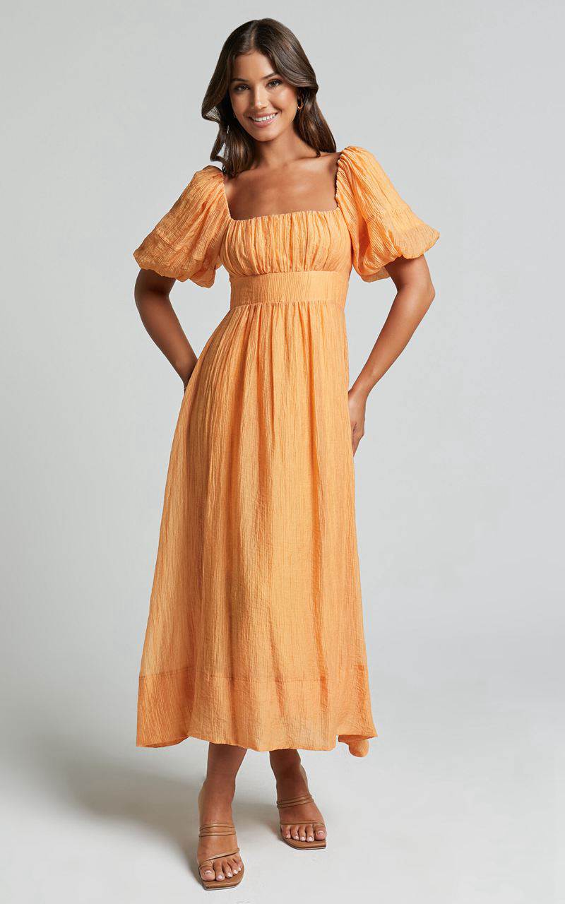 Showpo Roshina Midi Dress - Straight Neck Puff Sleeve Dress Orange | XSAIVE172