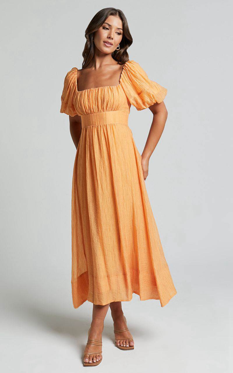 Showpo Roshina Midi Dress - Straight Neck Puff Sleeve Dress Orange | XSAIVE172