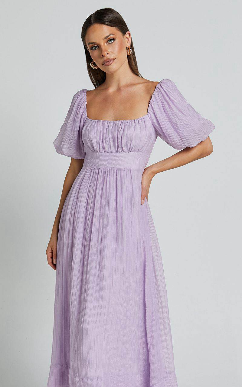 Showpo Roshina Midi Dress - Straight Neck Puff Sleeve Dress Lavender | SRFMNX587