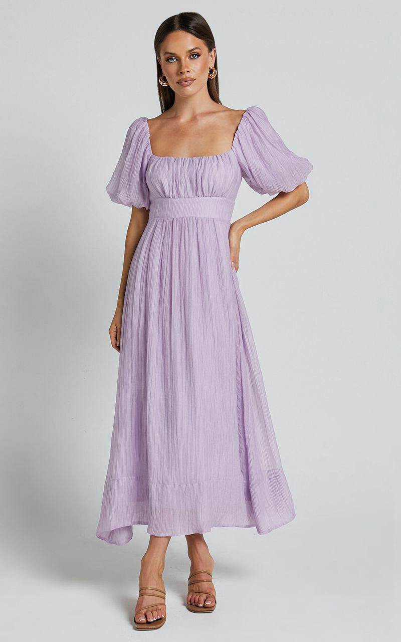 Showpo Roshina Midi Dress - Straight Neck Puff Sleeve Dress Lavender | SRFMNX587