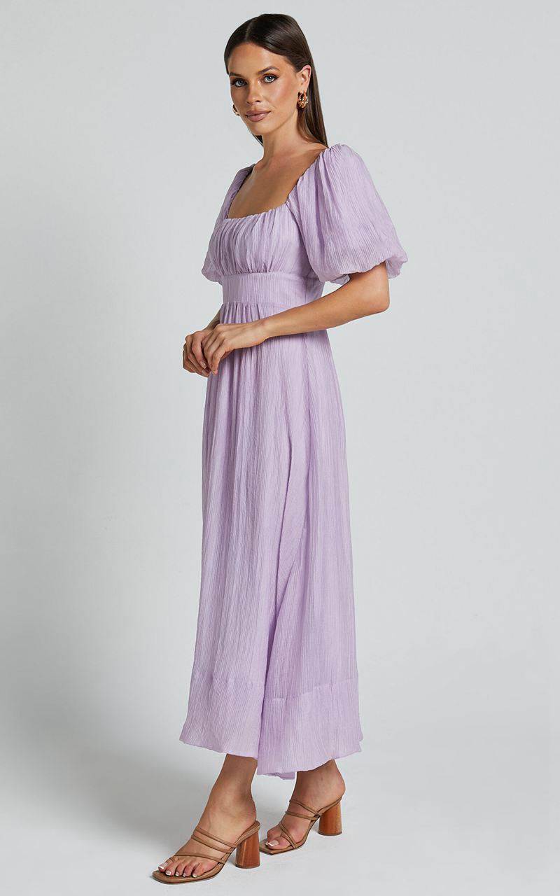 Showpo Roshina Midi Dress - Straight Neck Puff Sleeve Dress Lavender | SRFMNX587