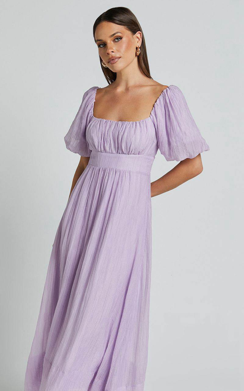 Showpo Roshina Midi Dress - Straight Neck Puff Sleeve Dress Lavender | SRFMNX587