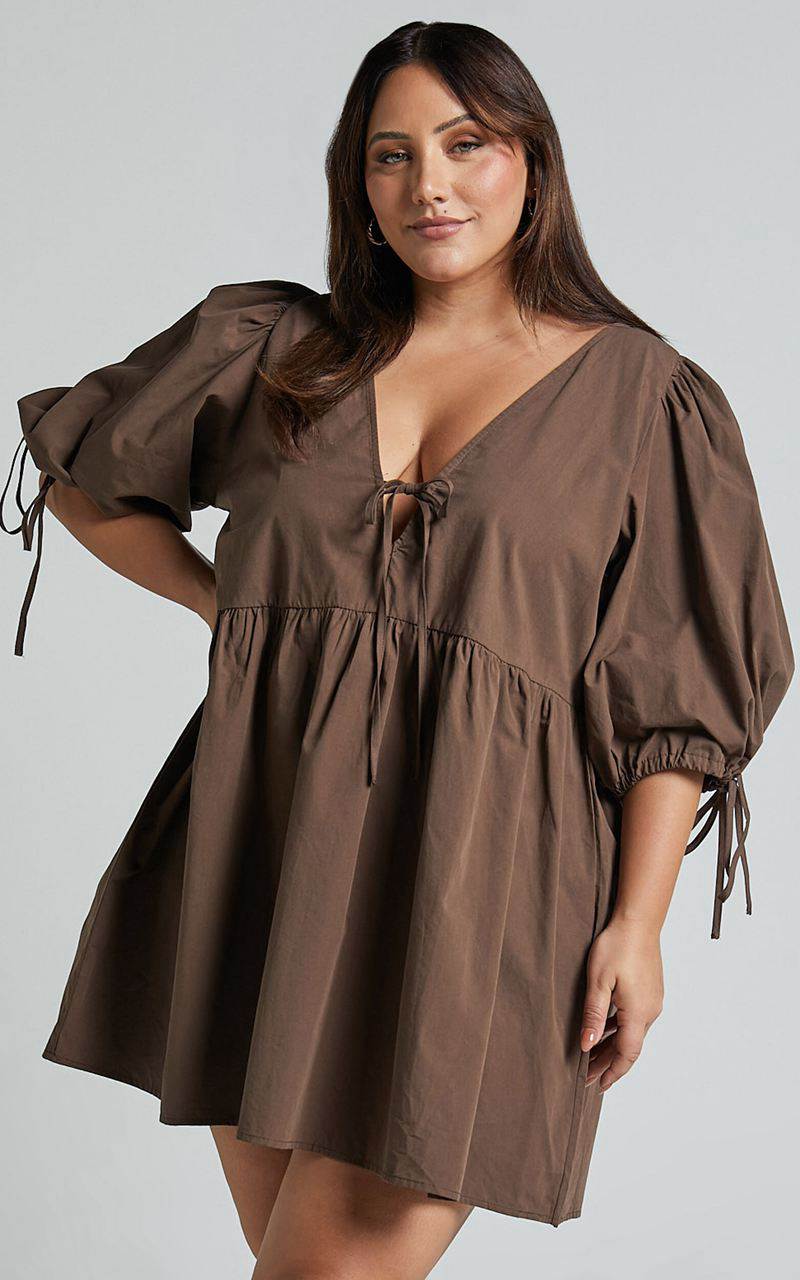 Showpo Rosita Mini Dress - Tie Front Puff Sleeve Dress Chocolate | AXEJIS107