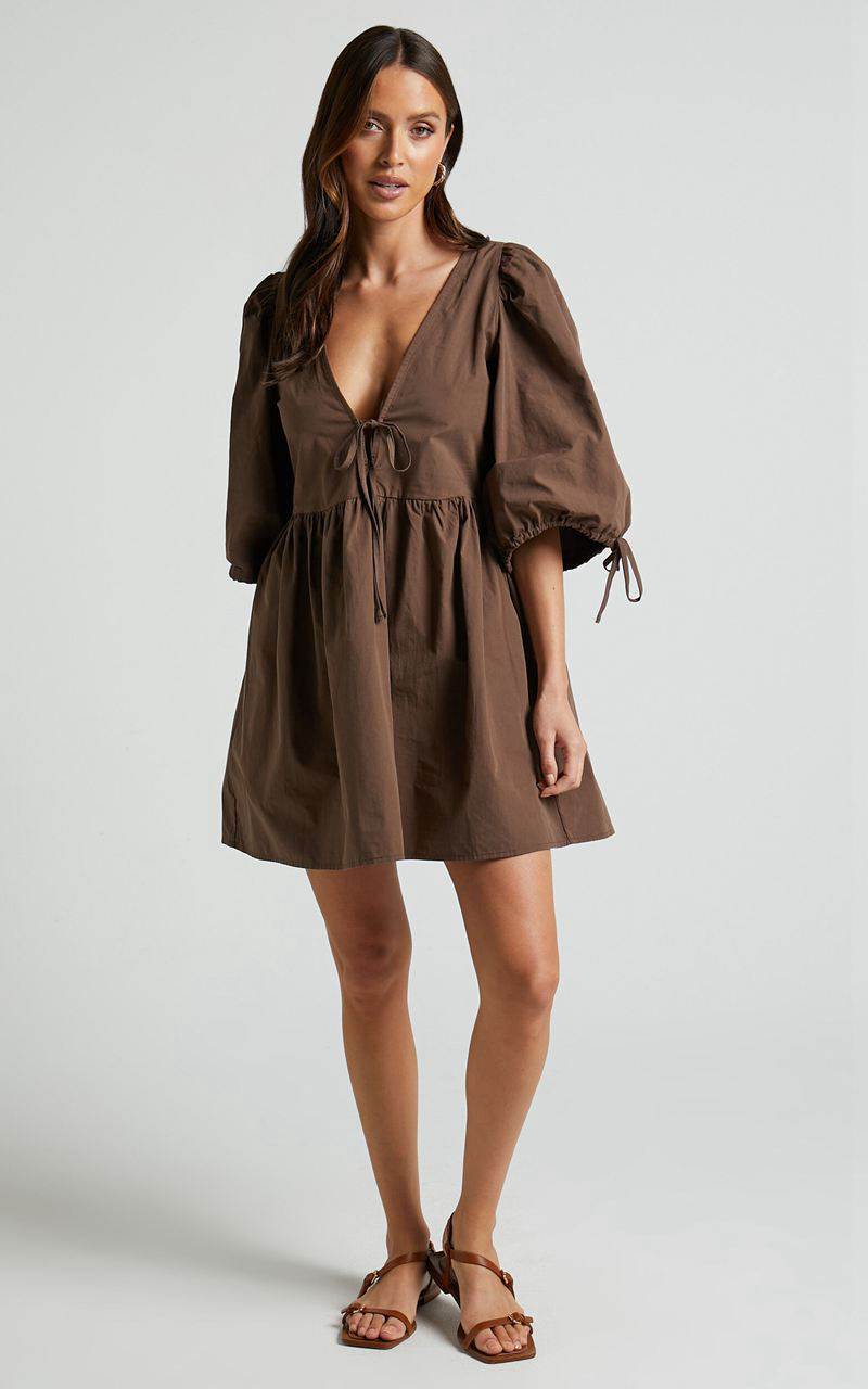 Showpo Rosita Mini Dress - Tie Front Puff Sleeve Dress Chocolate | AXEJIS107