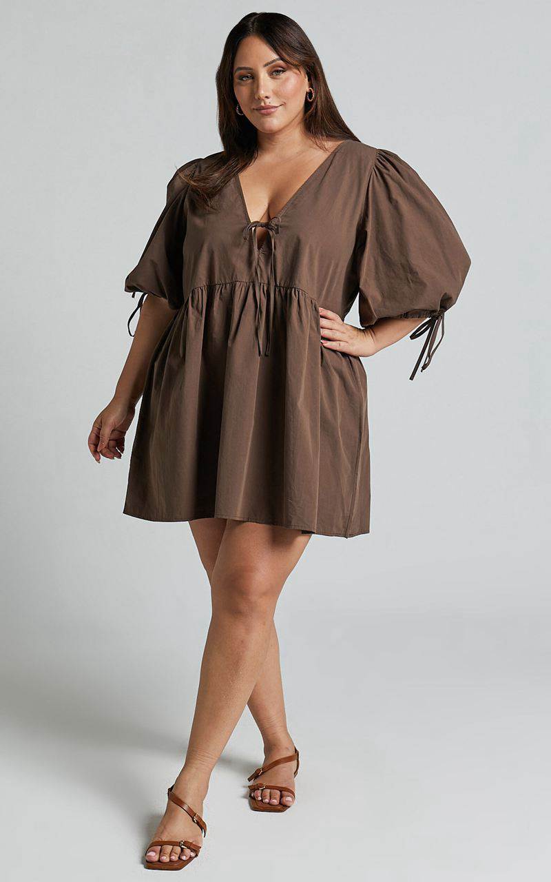 Showpo Rosita Mini Dress - Tie Front Puff Sleeve Dress Chocolate | AXEJIS107