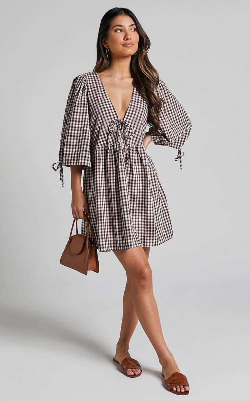 Showpo Rosita Mini Dress - Tie Front Puff Sleeve Dress Brown And White Check | RZAPBC805