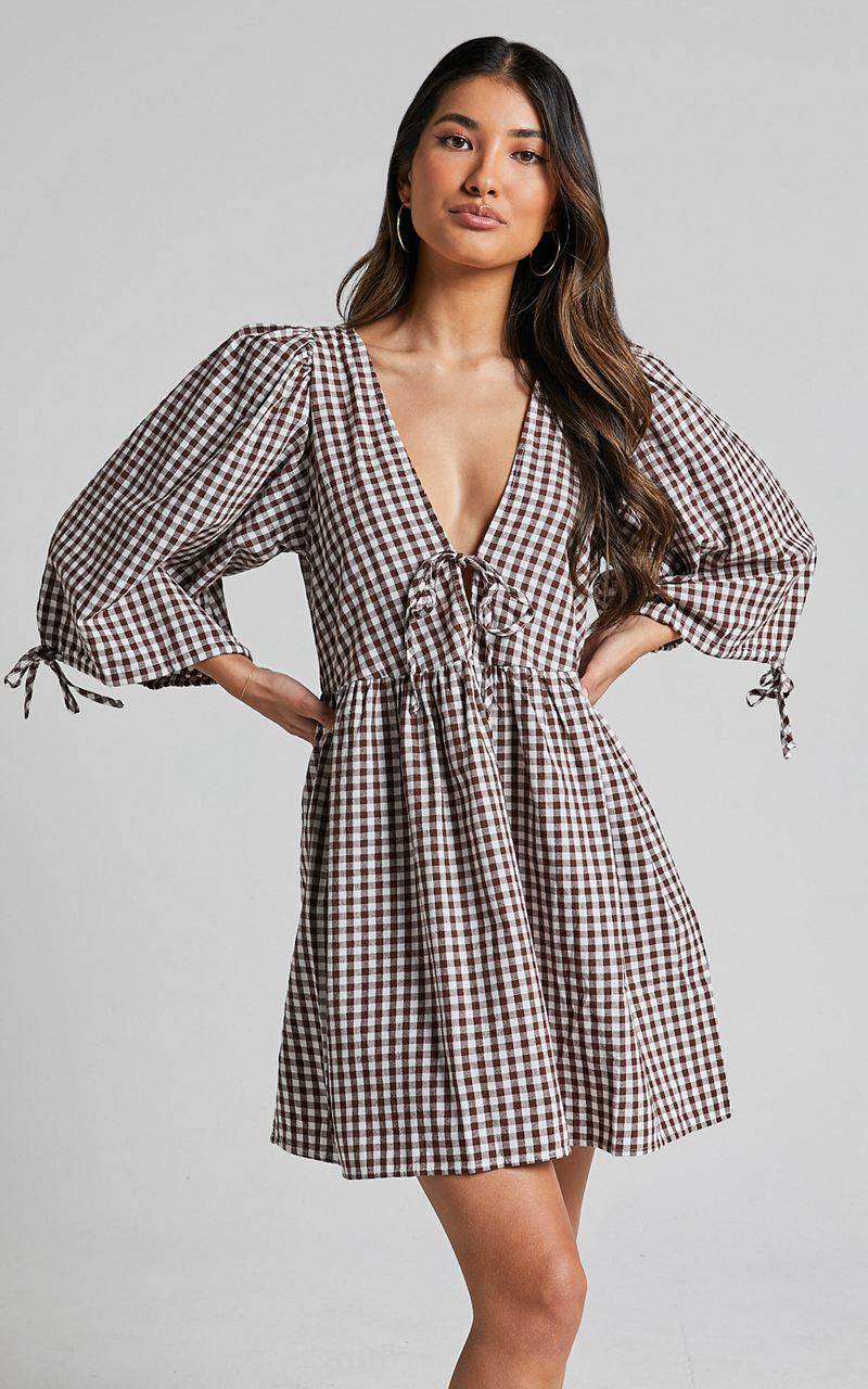 Showpo Rosita Mini Dress - Tie Front Puff Sleeve Dress Brown And White Check | RZAPBC805