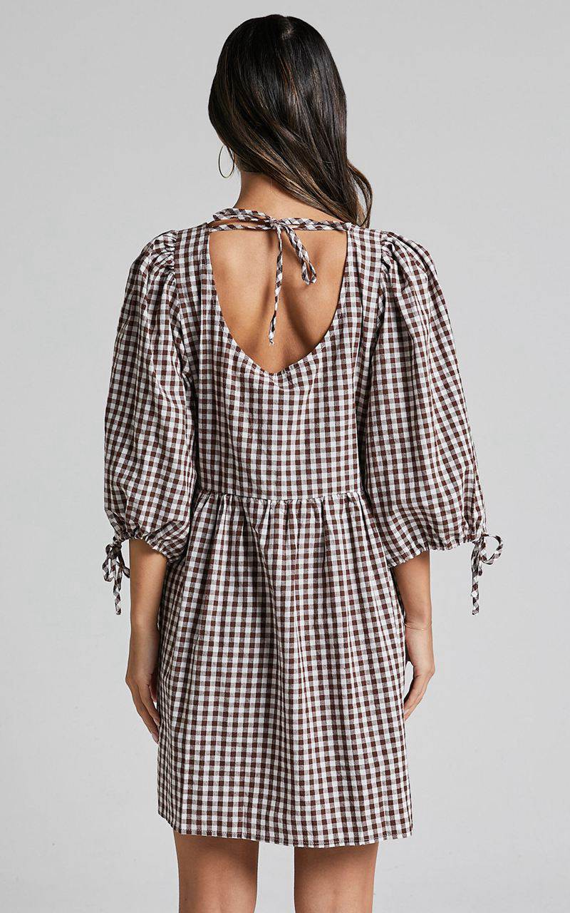 Showpo Rosita Mini Dress - Tie Front Puff Sleeve Dress Brown And White Check | RZAPBC805