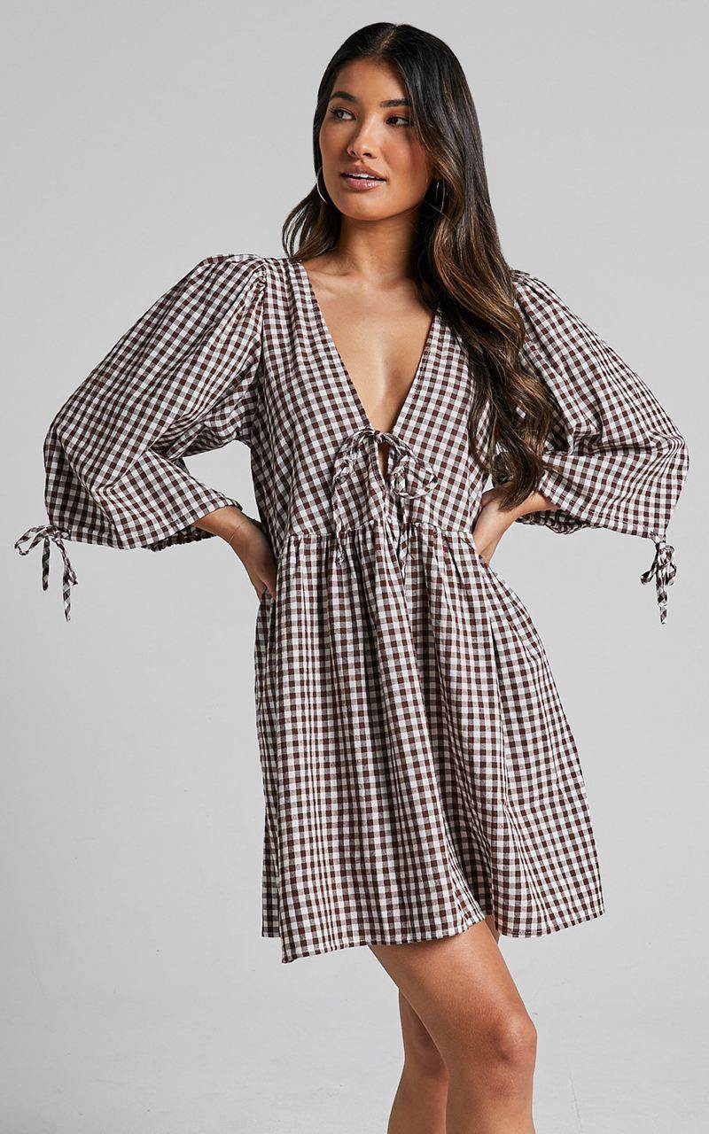 Showpo Rosita Mini Dress - Tie Front Puff Sleeve Dress Brown And White Check | RZAPBC805